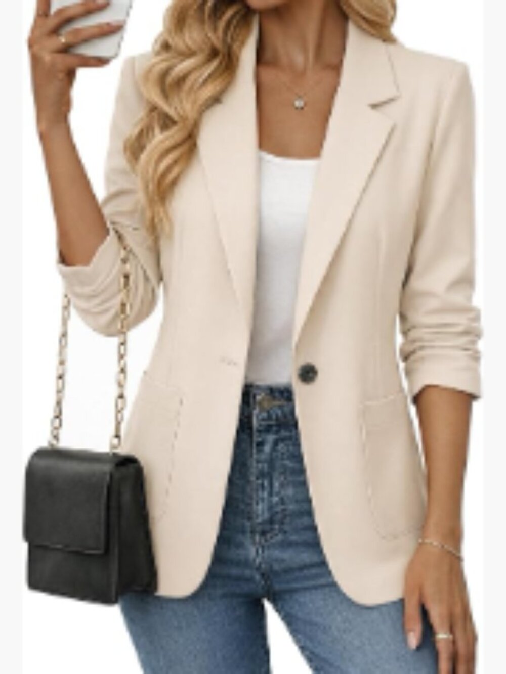 Lightweight Polyester Blend 3/4 Ruched Sleeve Blazer with Pockets